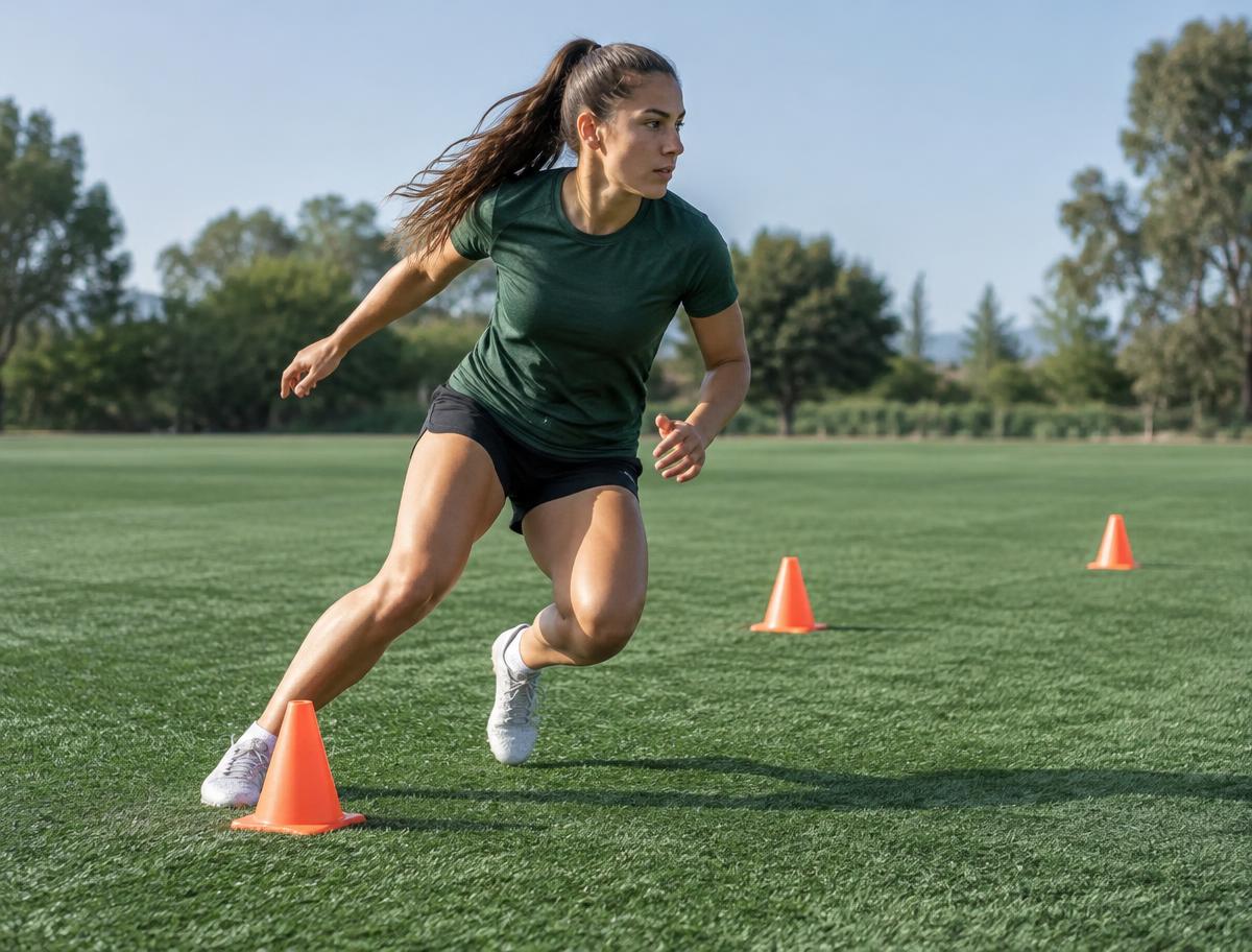 Athlete performing a change-of-direction drill around cones